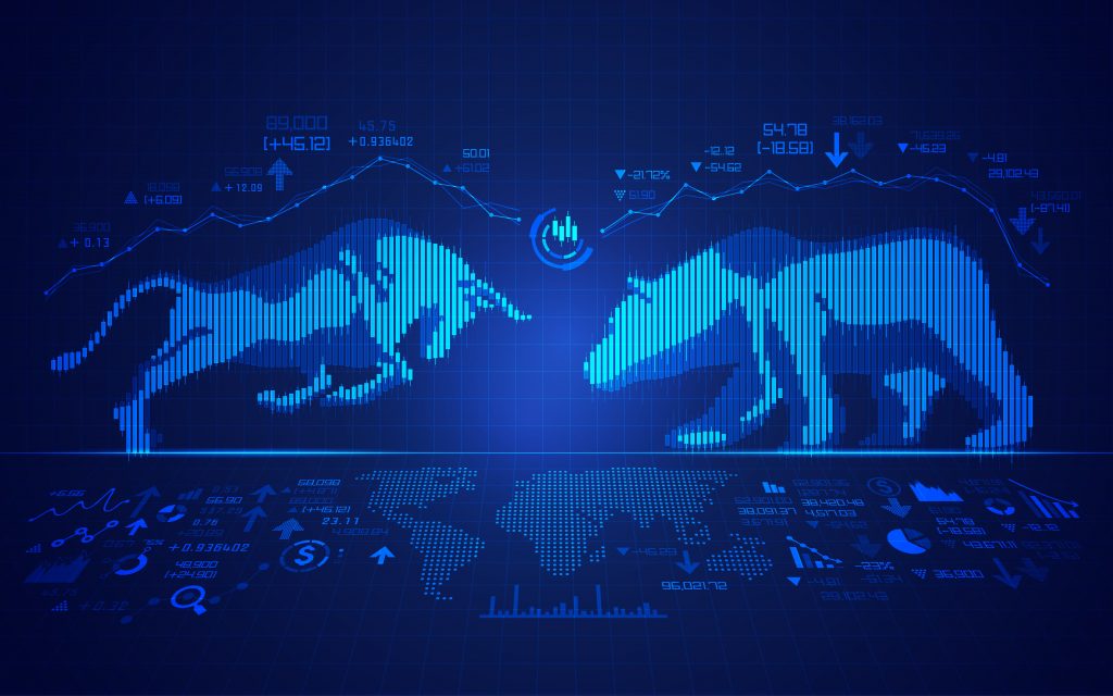 concept of stock market exchange, graphic of bull and bear combined with candlestick