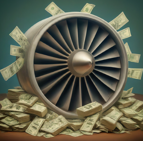 a fan with bundles of money all around it