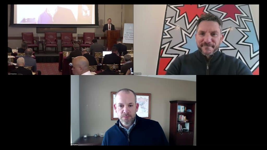 two people joining virtually to a symposium looking at a speaker on a symposium
