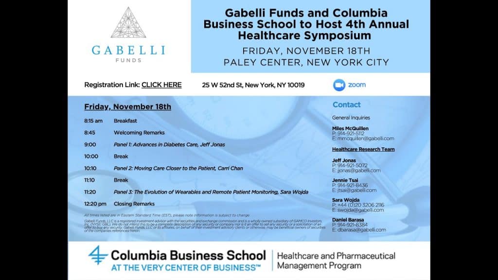 Gabelli Funds and Columbia Business to Host 4th Annual Healthcare Symposium