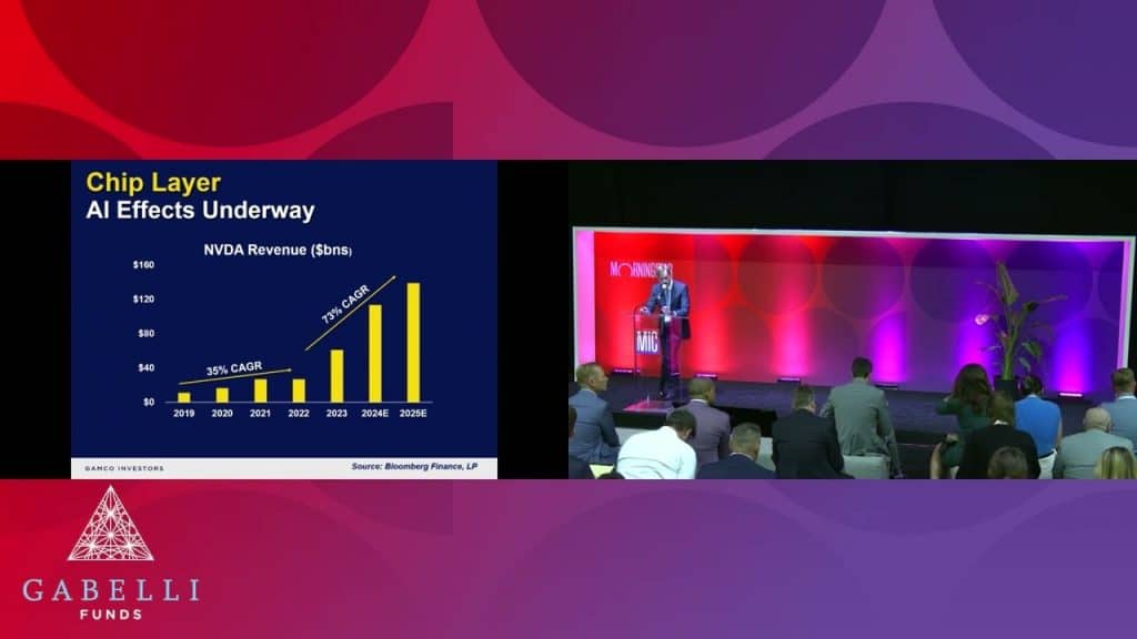 a person speaking on stage at a conference showing a slide deck of charts