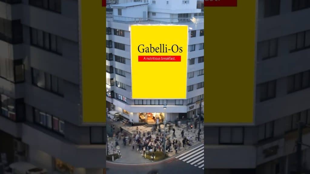 photo of a building aerial shot with people around the building with a fake billboard overlayed that says Gabelli0Os