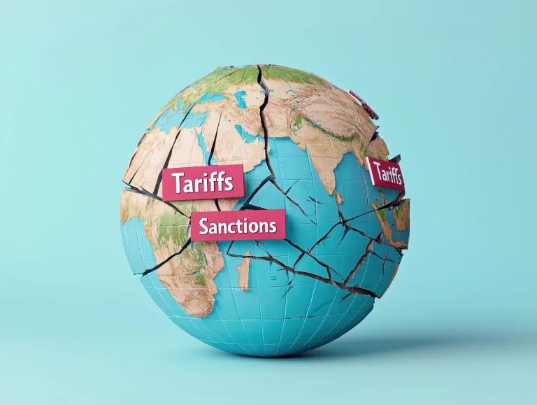 a cracked globe with a sign for tarrifs sanctions