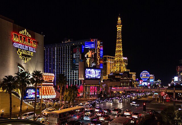 las vegas strip at night with lit up buildings