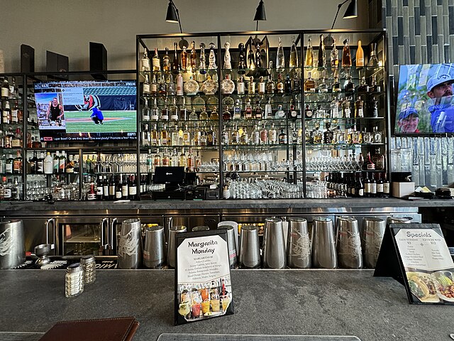 image of a bar fully stock with glasses and alcohol