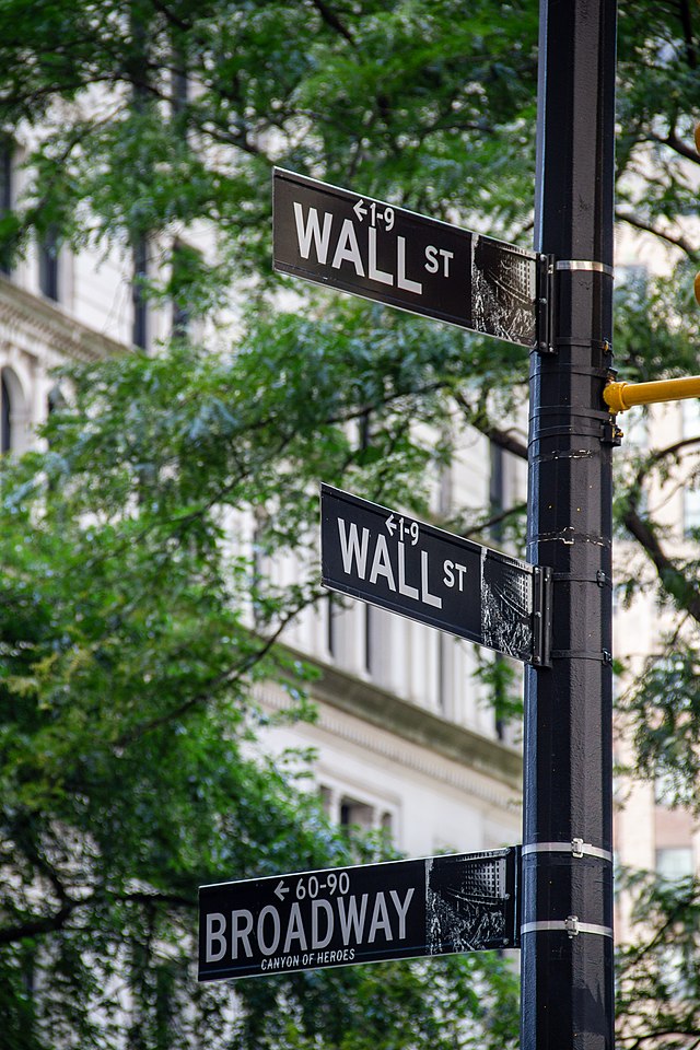new york city street signs for broadway and wall street