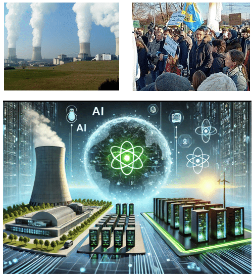 photo of an energy plant and people protesting